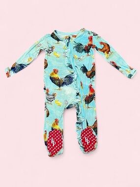 Posh Peanut Teal Chicken Bamboo Footie 6–9M Ruffle Butt Zipper Sleeper VGUC